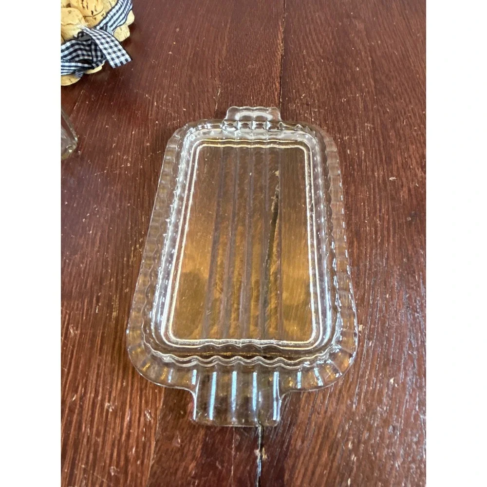 Vintage Clear Glass Ribbed Butter Dish with Lid Art Deco Scalloped Edge 2-Piece